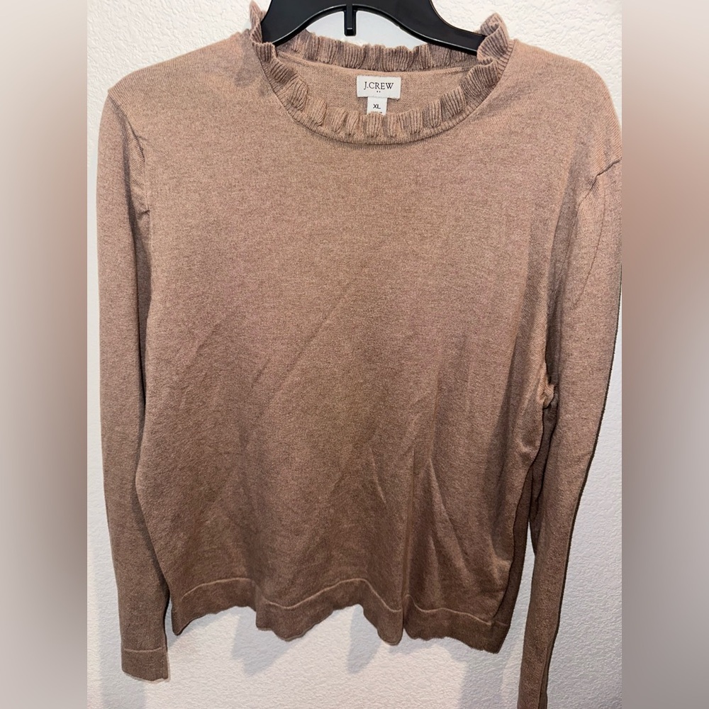 J. Crew Brown Ruffle Crewneck Casual Tan Long Sleeve Sweater - Picture 2 of 3